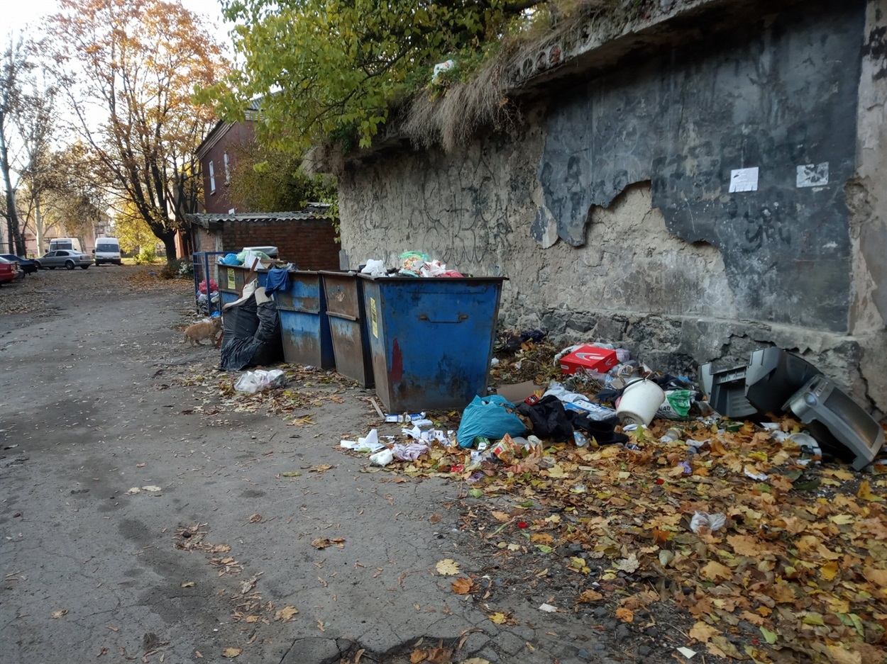 Справа від контейнера бачимо залишки телевізору. Це дійсно належить до твердих побутових відходів?