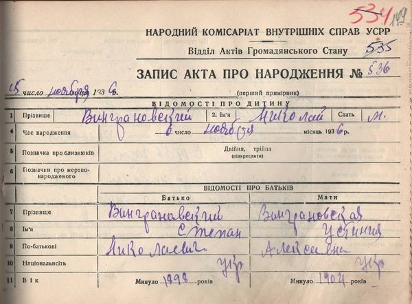 Запис акта про народження Миколи Вінграновського