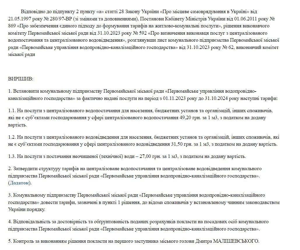 тарифи на воду в Первомайську
