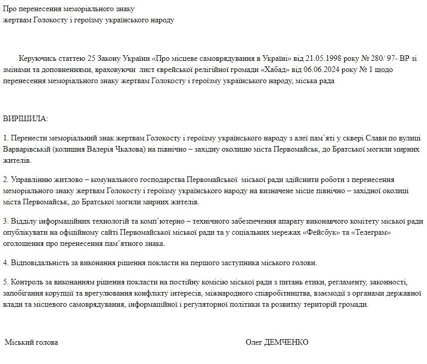 Проєкт рішення сесії Первомайської міської ради