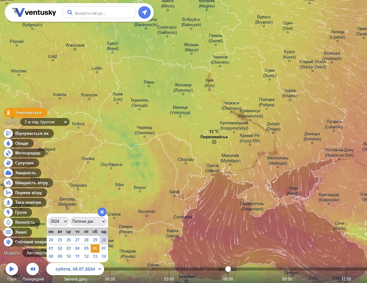 Температура повітря вночі, 6-7 липня, Первомайськ